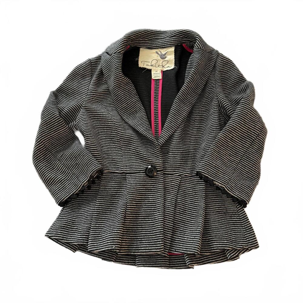 TABITHA Anthropologie Black/White striped peplum blazer fringe Wrist SZ XS